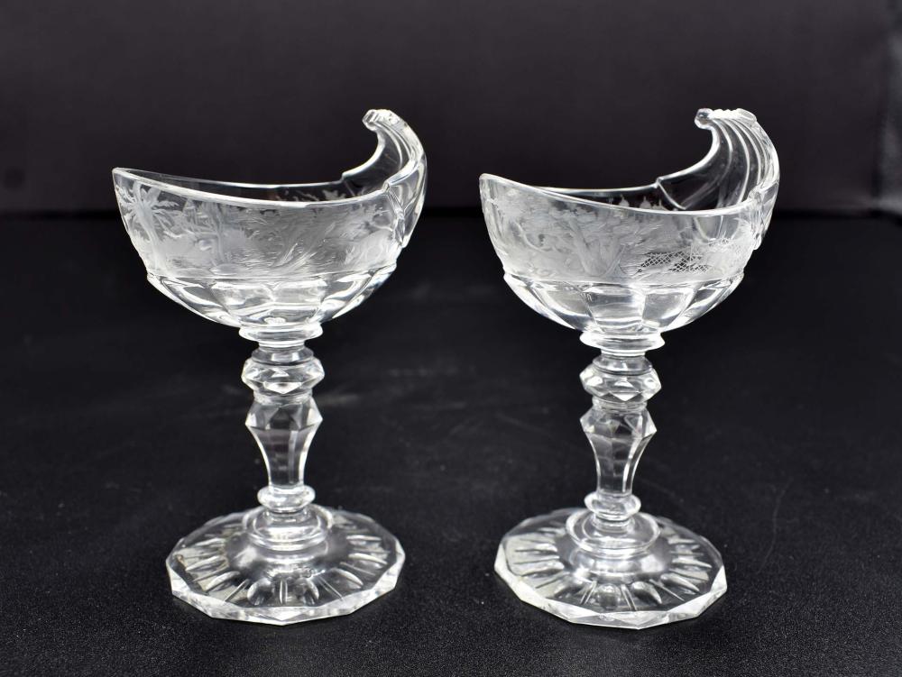 Appraisal: PAIR OF CONTINENTAL ENGRAVED GLASS PEDESTAL SALTS th Century Probably