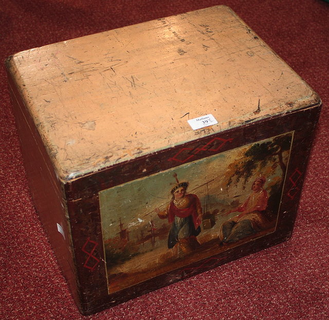 Appraisal: AN ANTIQUE PAINTED PINE BOX with hinged rising lid decorated