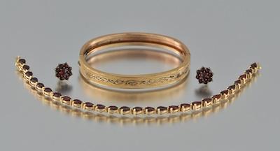 Appraisal: A Group of Garnet Jewelry k yellow gold bracelet set