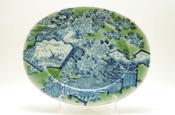 Appraisal: Japanese Imari platter with celadon highlights decoration with vase of