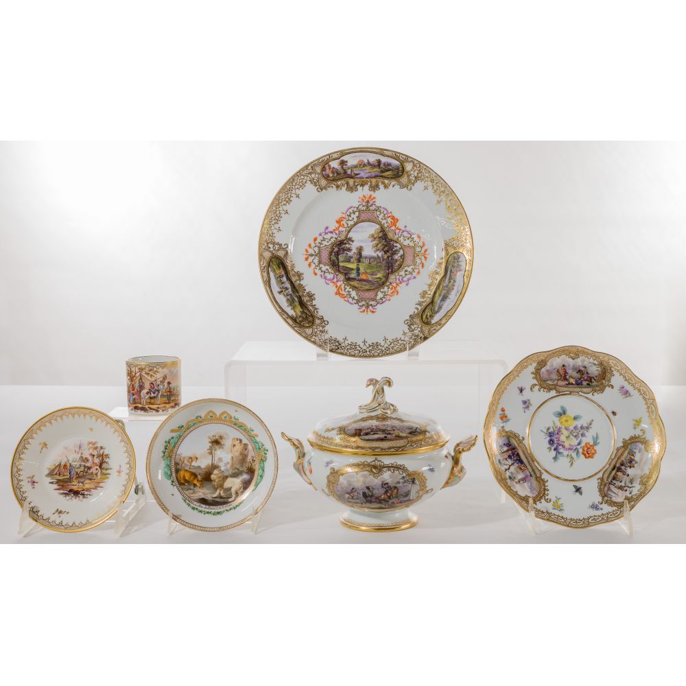 Appraisal: MEISSEN PORCELAIN ASSORTMENT items having gilt bordered pictorial vignettes including