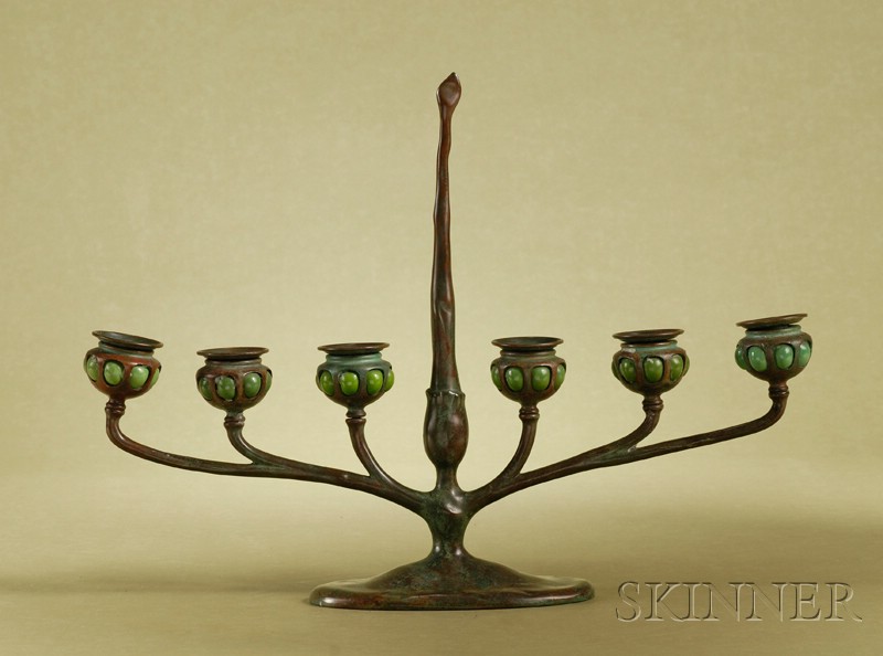 Appraisal: Tiffany Studios Six-light Bronze and Favrile Glass-mounted Table Candelabra c