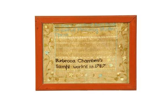 Appraisal: SAMPLER Rebecca Chamber American silk on linen Signed and dated