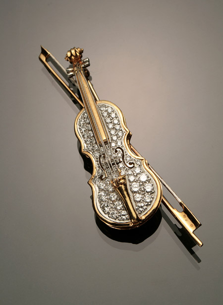 Appraisal: -Karat Yellow-Gold Platinum and Diamond 'Violin and Bow' Brooch Set