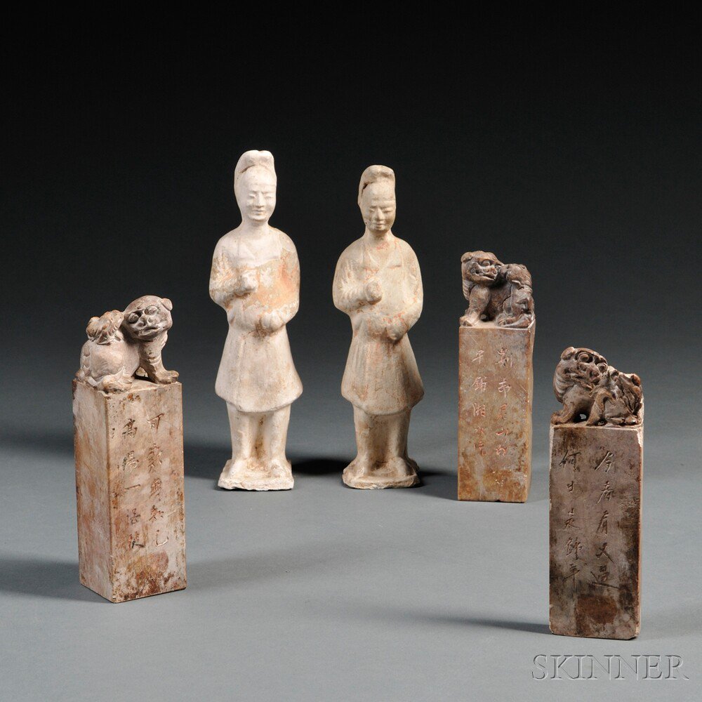 Appraisal: Pair of Funerary Figures and Three Stone Seals China the