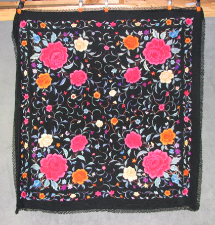 Appraisal: Black Silk Embroidered Shawl Early th Century Brightly colored embroidered