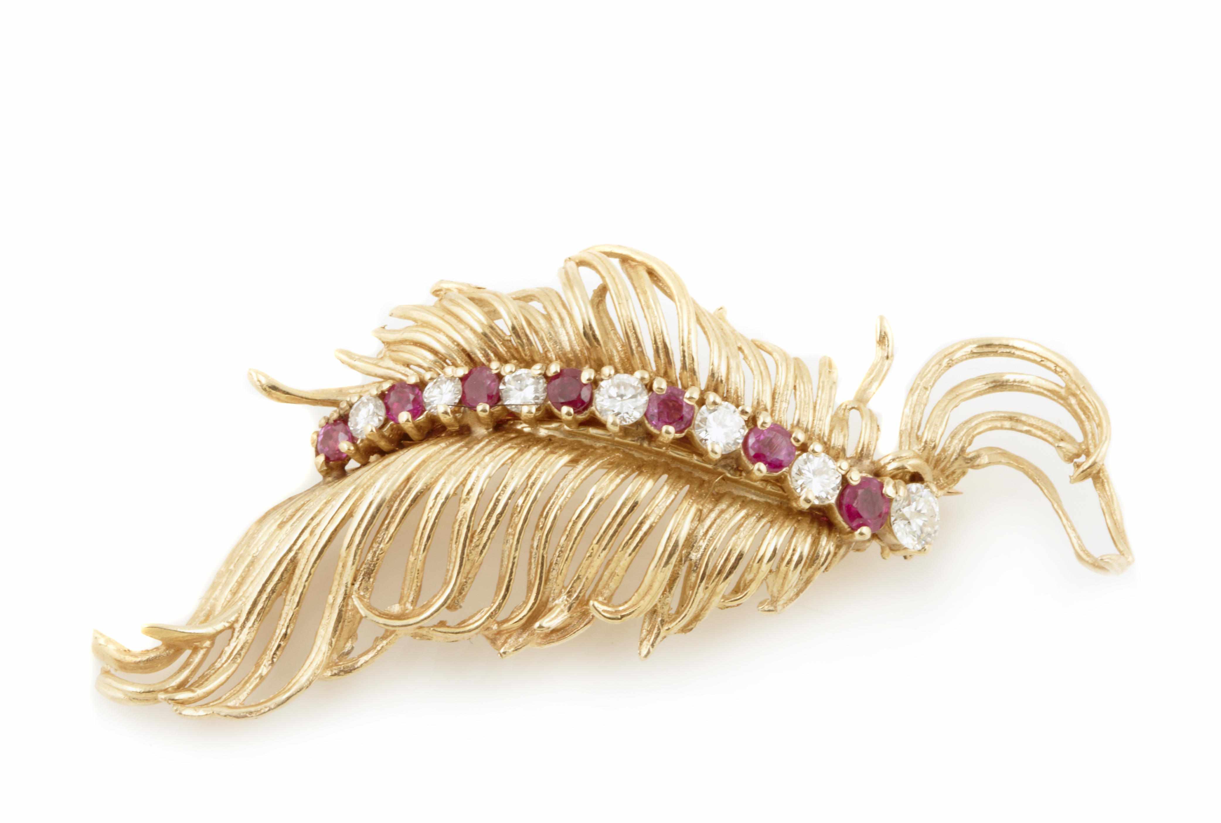 Appraisal: A diamond ruby and gold leaf brooch g