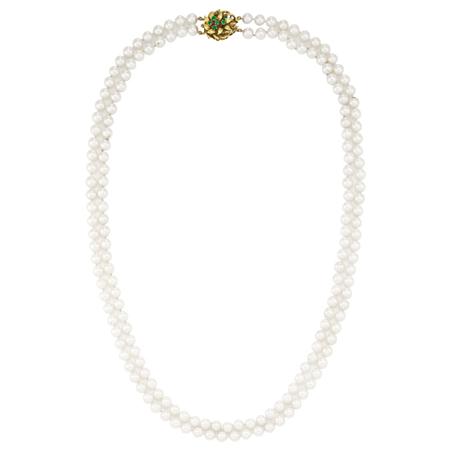 Appraisal: Double Strand Cultured Pearl Necklace with Gold and Emerald Clasp