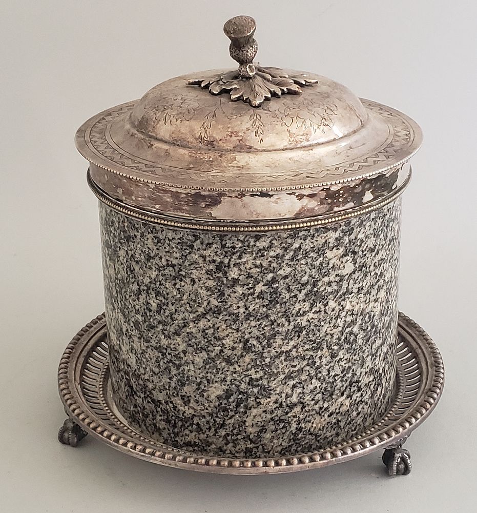 Appraisal: th Century English Silver Plate and Granite Biscuit Jar th