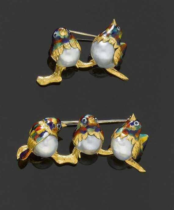 Appraisal: A PAIR OF GOLD PEARL AND ENAMEL BROOCHES ca Yellow