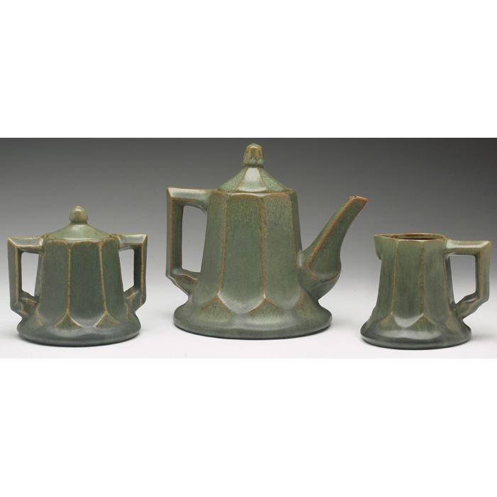 Appraisal: Fulper tea set teapot creamer and sugar faceted shapes covered