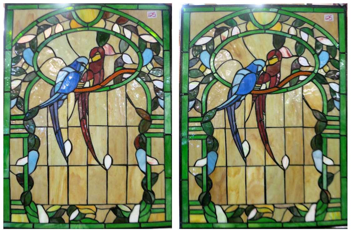 Appraisal: TWO LEAD GLASS WINDOWS of rectangular form depicting two parrots