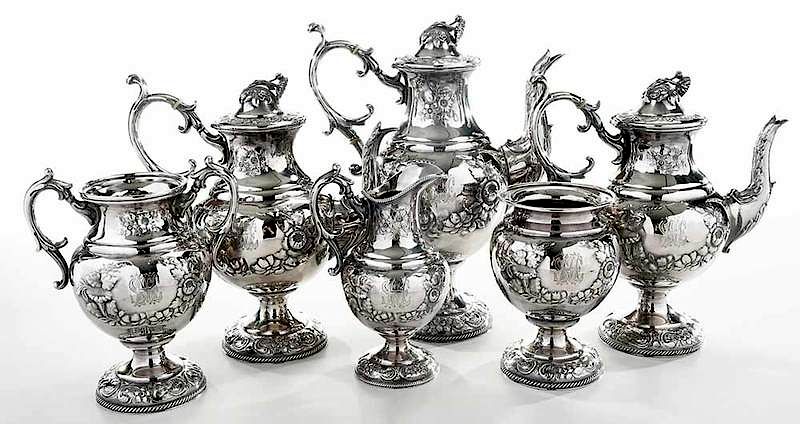 Appraisal: Six-piece silver-plated tea service American th century floral decoration monogram