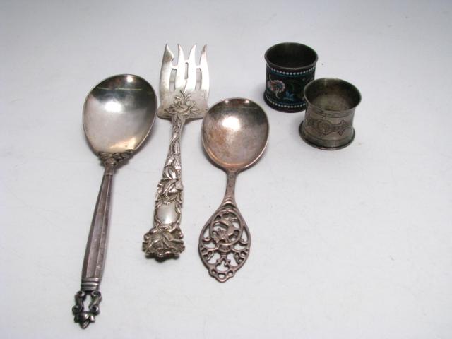 Appraisal: Five sterling silver items including Georg Jensen vegetable spoon silver