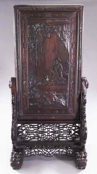 Appraisal: Chinese carved rosewood screen depicting a Lohanseated on a mountain