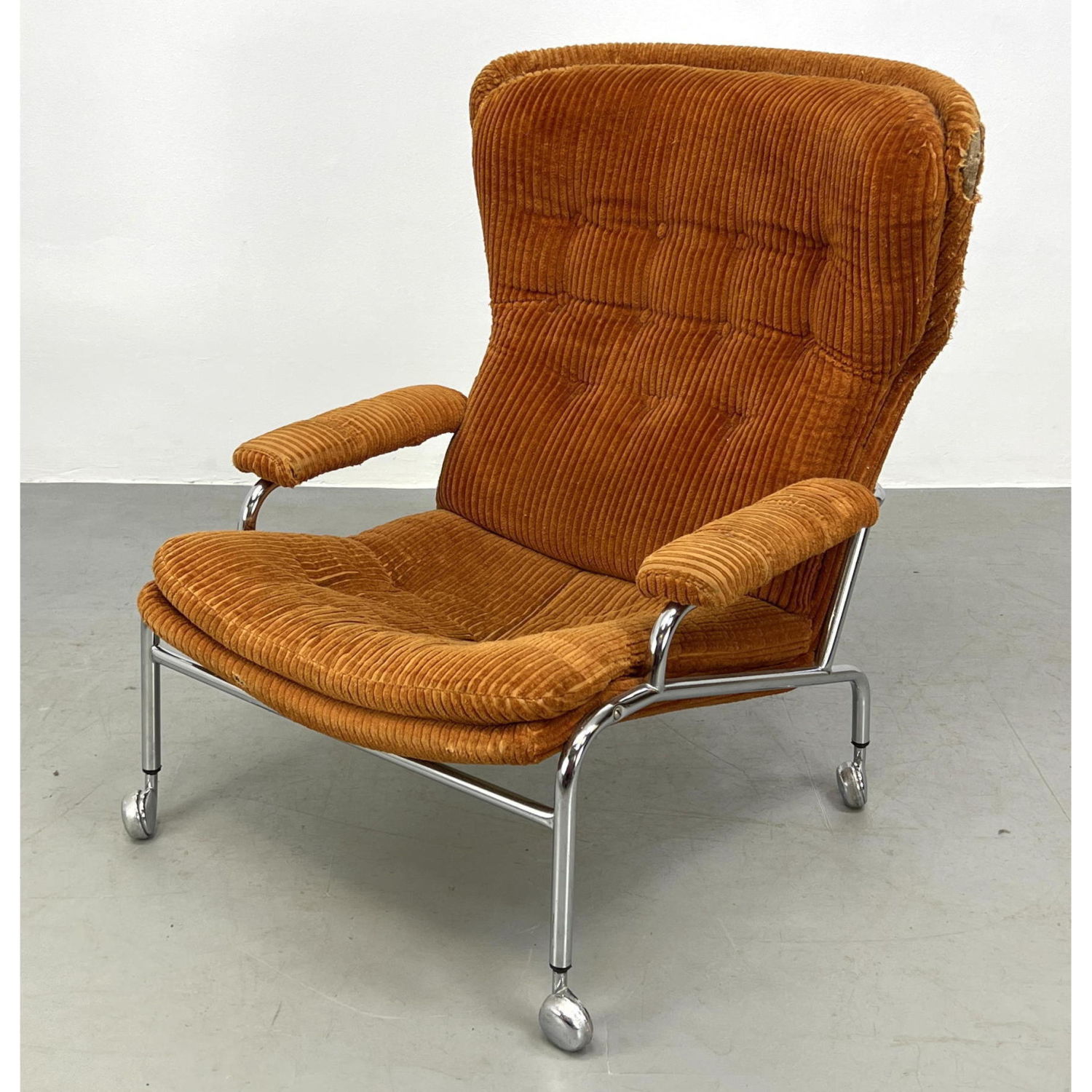 Appraisal: Swedish Modern Chrome Tube Frame Lounge Chair Tufted orange upholstery