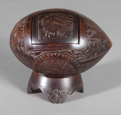 Appraisal: Carved sailor's art coconut lift-out rectangular lid finely carved circular