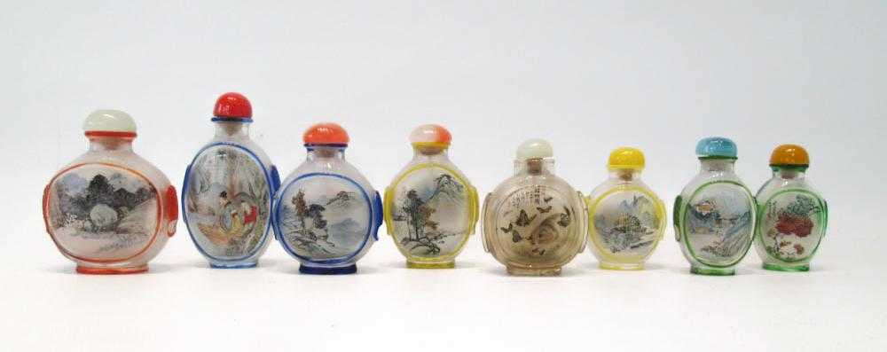 Appraisal: EIGHT CHINESE REVERSE PAINTED GLASS SNUFF BOTTLES of flattened ovoid