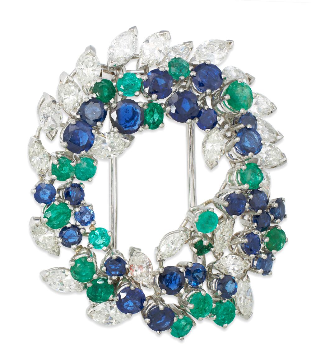 Appraisal: DIAMOND SAPPHIRE EMERALD AND PLATINUM OPEN SPRAY BROOCH APPROX DWT