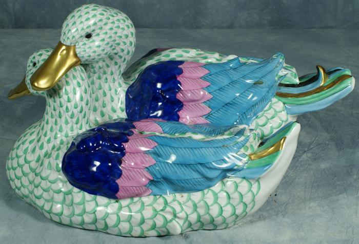 Appraisal: Herend fishnet figurine two green ducks long x tall no