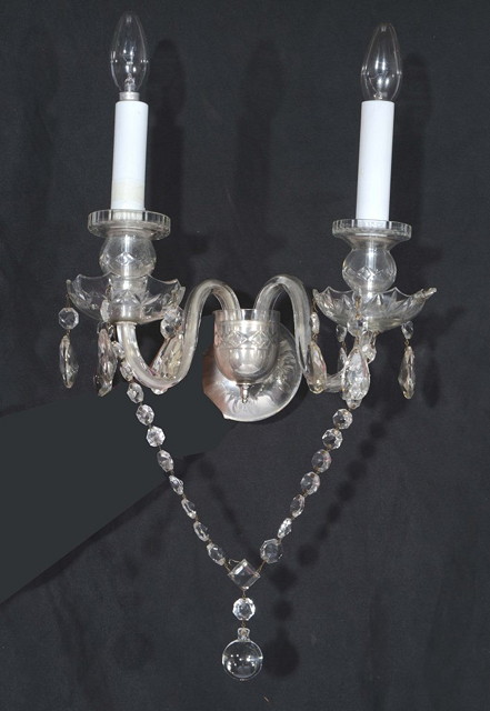 Appraisal: A COLLECTION OF FIVE GLASS TWO BRANCH WALL LIGHTS each