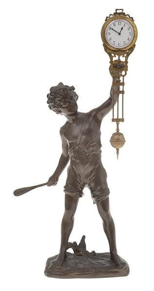 Appraisal: A SPELTER FIGURAL MYSTERY CLOCK BOY WITH BAT cm high