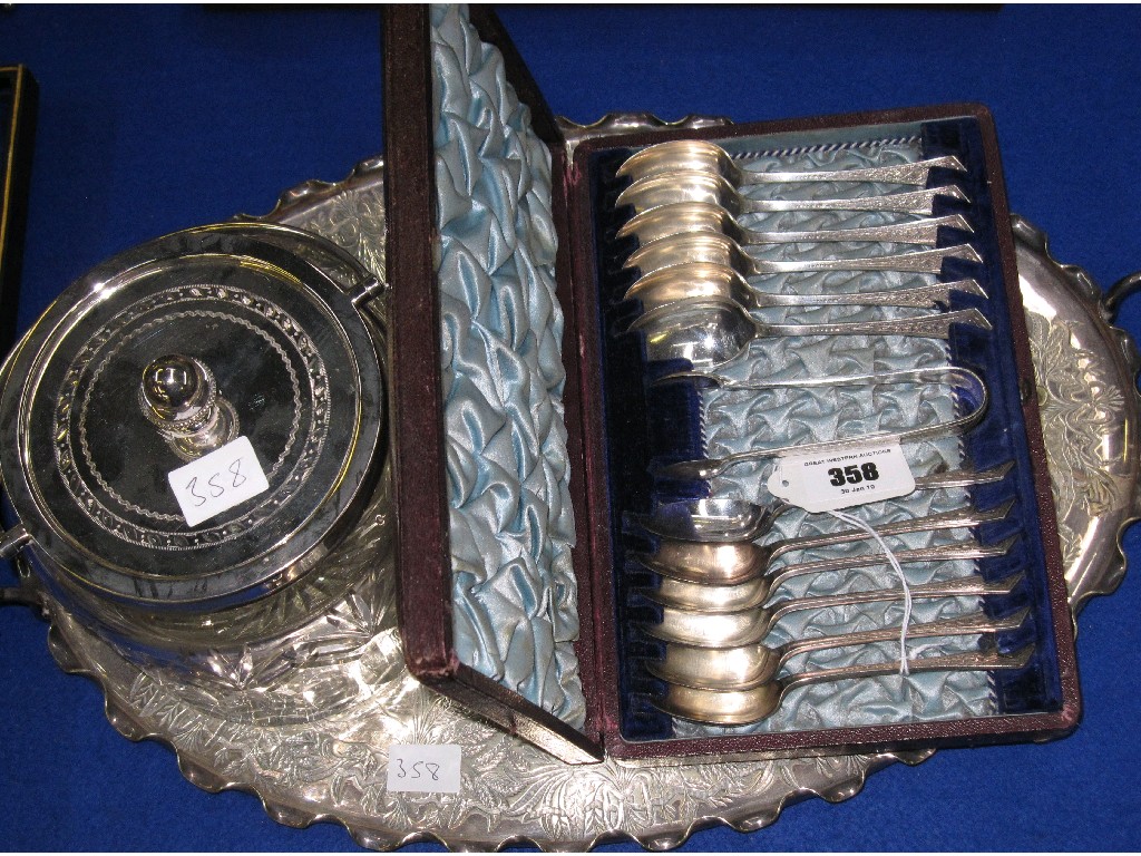 Appraisal: Lot comprising spoon set biscuit barrel and a tray