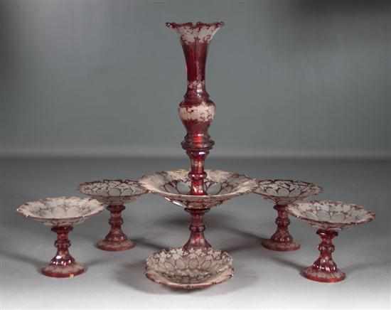 Appraisal: Four Bohemian ruby cut-to-clear glass compotes and a similar two-tier