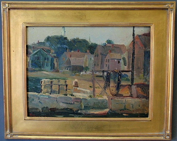 Appraisal: Oil on board painting of a fishing village signed Althea