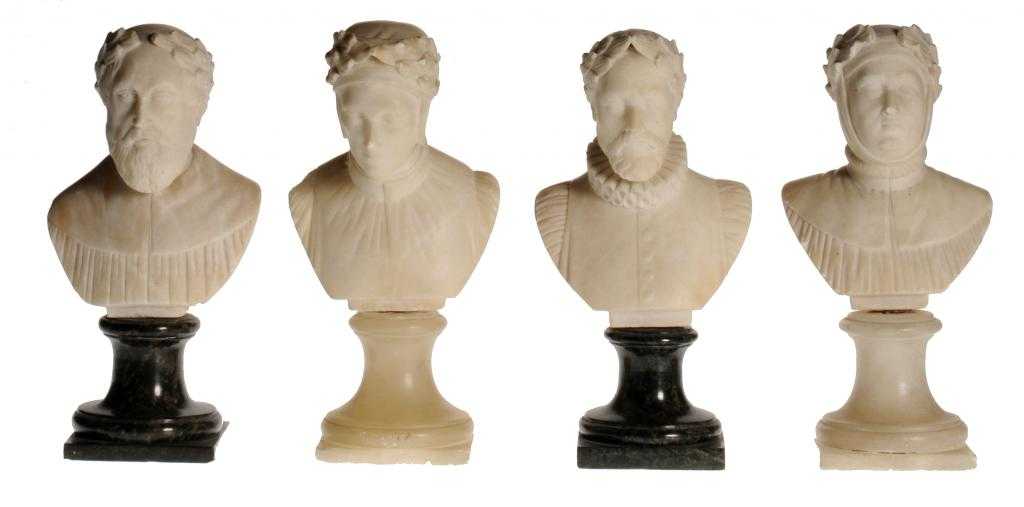 Appraisal: FOUR ITALIAN GRAND TOUR ALABASTER LAUREATE BUSTS OF DANTE PETRACH