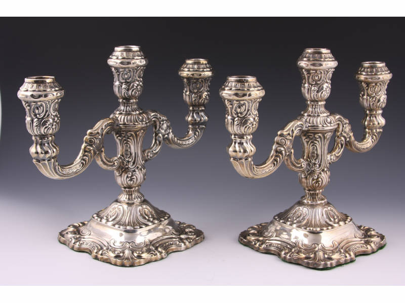 Appraisal: Pair of Sterling Silver Candelabra three light ornate scroll and