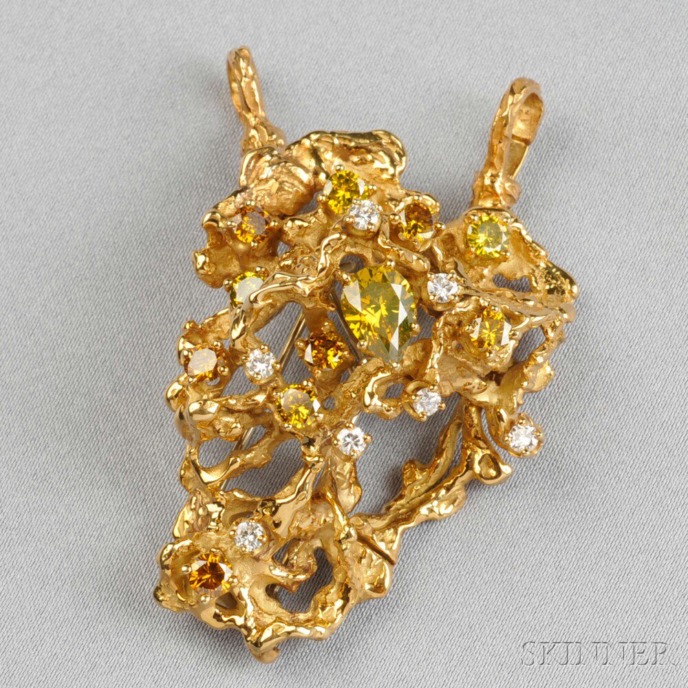 Appraisal: kt Gold Color Treated Diamond and Diamond Pendant Brooch Arthur