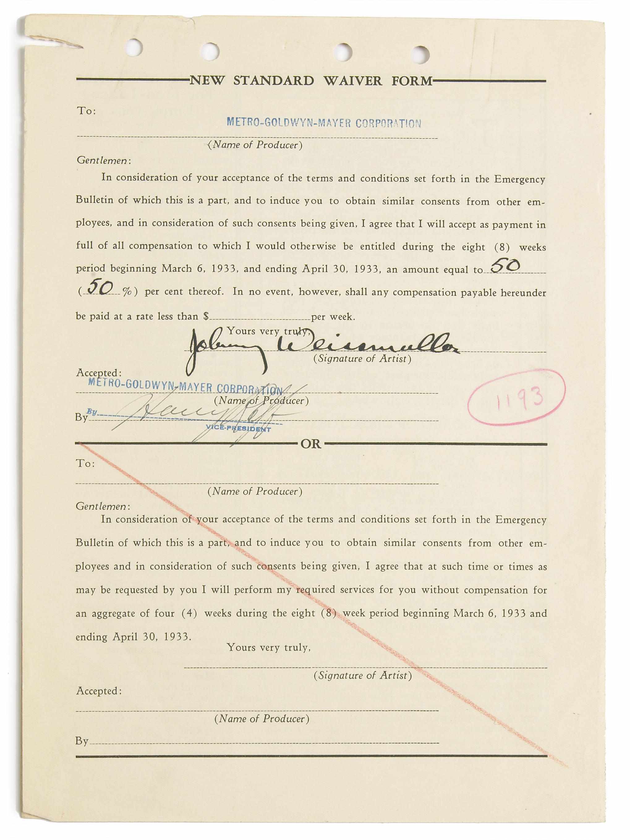 Appraisal: WEISSMULLER JOHNNY - Document Signed ''Johnny Weissmuller'' pp recto and