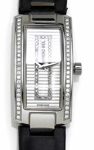 Appraisal: A diamond stainless steel and black leather strap wristwatch Raymond