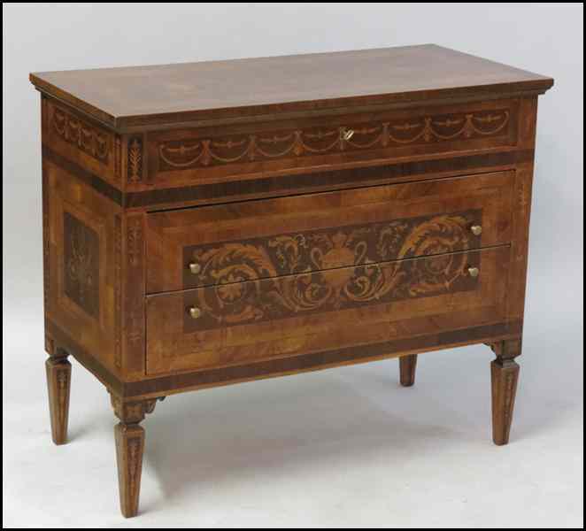 Appraisal: INLAID MAHOGANY THREE DRAWER CHEST H '' W '' D