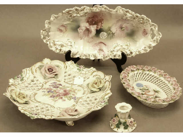 Appraisal: Collection of porcelain plates and candlesticks includes Dresden footed lattice