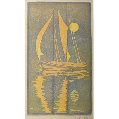 Appraisal: SADIE IRVINE Woodblock print with sailboats framed New Orleans LA