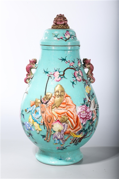 Appraisal: Chinese enameled porcelain covered vase depicting molded figures cranes and