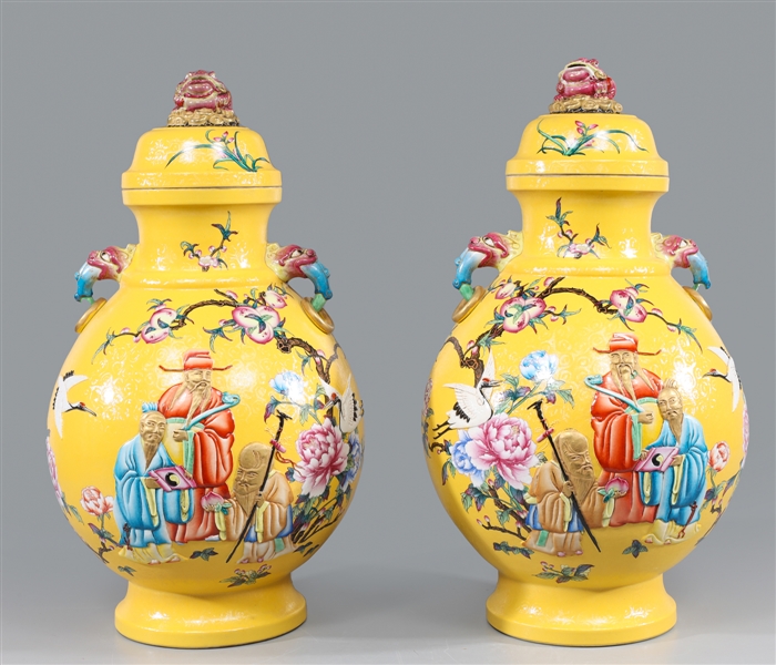 Appraisal: Pair large and elaborate Chinese yellow ground enameled porcelain vases