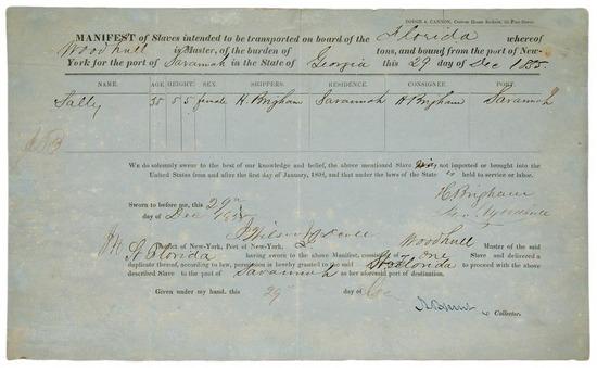 Appraisal: SLAVE MANIFEST Partly-printed document detailing the transport of a slave