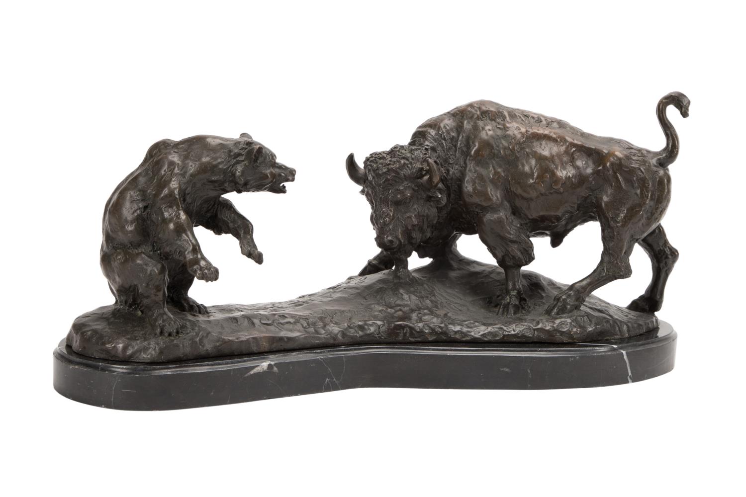 Appraisal: AFTER BARYE BISON AND BEAR BRONZE SCULPTURE After Antoine-Louis Barye