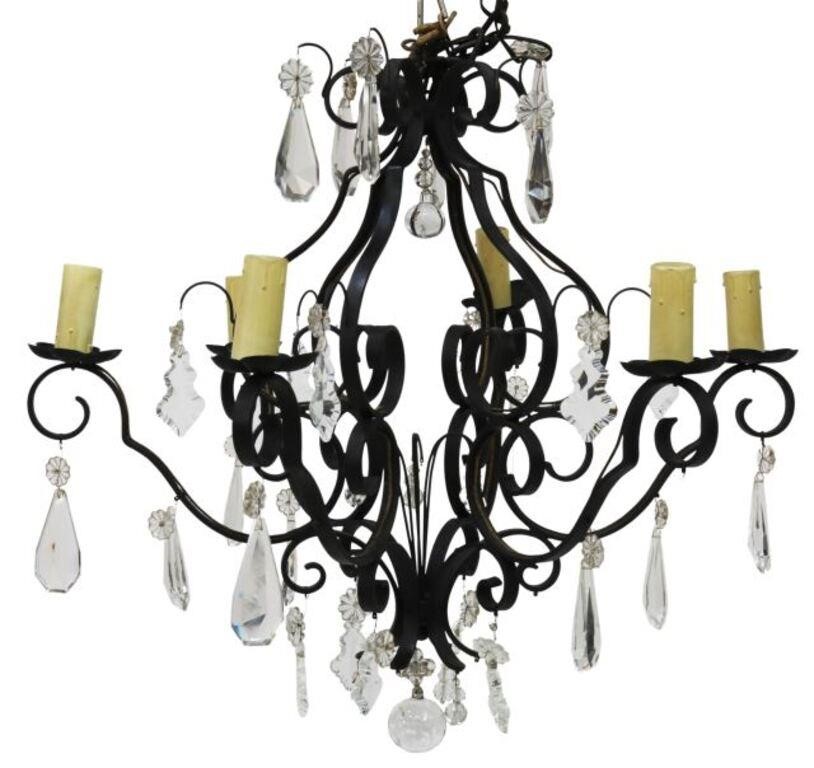 Appraisal: French wrought iron and crystal six-light chandelier th c scrolled