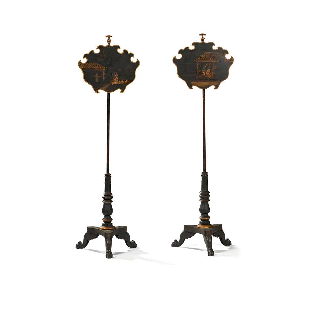 Appraisal: PAIR OF REGENCY BLACK JAPANNED AND CAST IRON POLE SCREENS