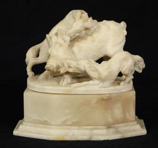 Appraisal: Alabaster and marble hunting trophy box the oval marble lid