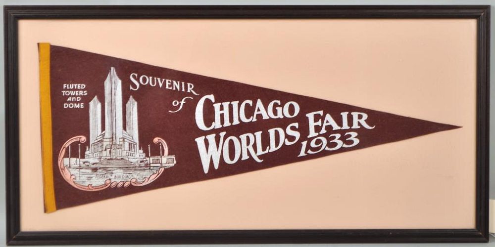 Appraisal: Framed Chicago World's Fair Pennant featuring Fluted Towers and Dome