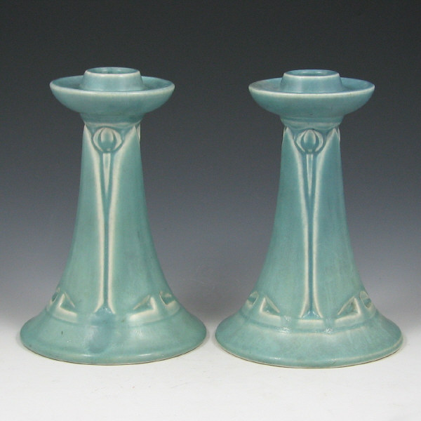 Appraisal: Rookwood Matte Blue Candleholders - Mint Pair of Rookwood Arts