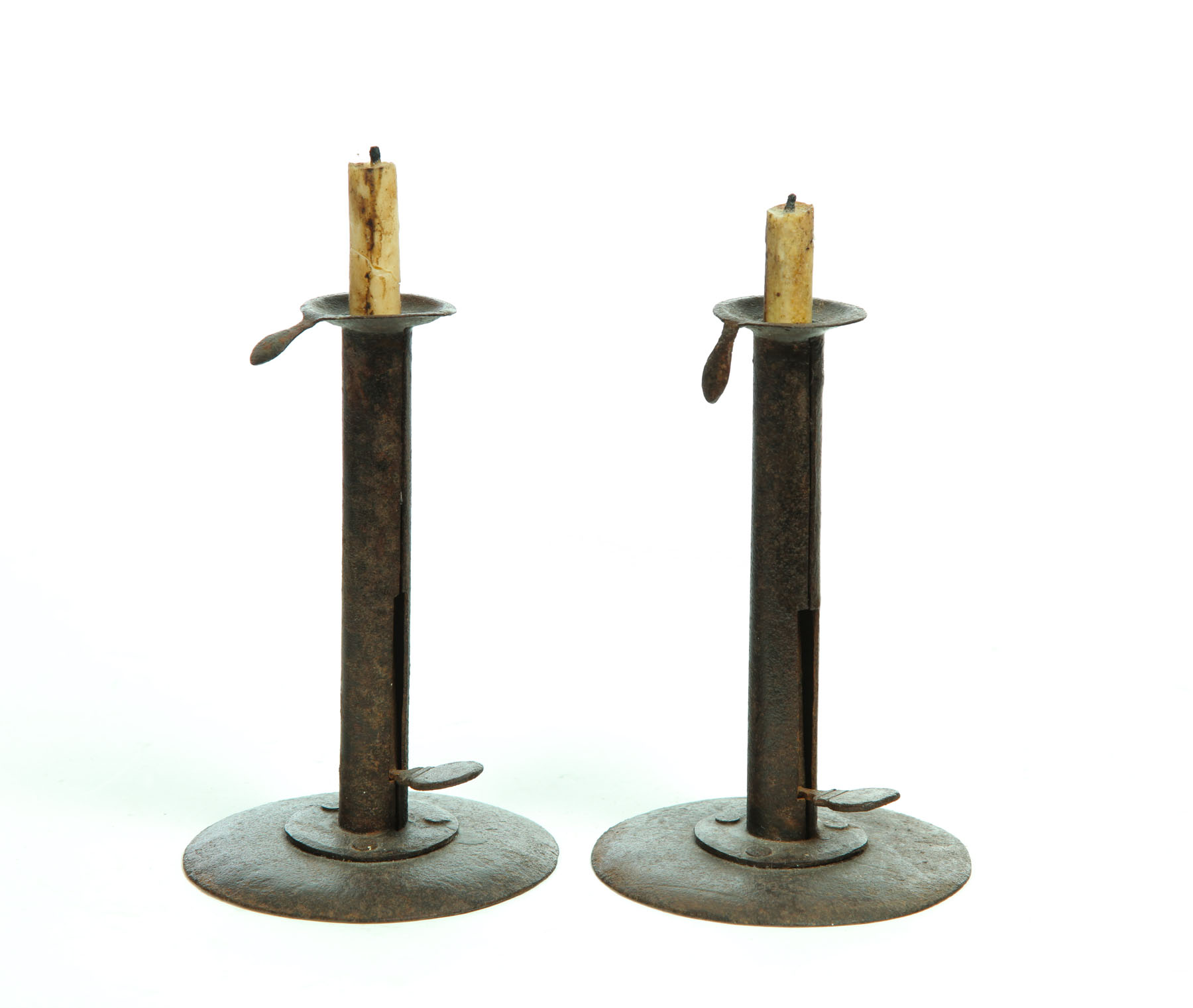 Appraisal: PAIR OF HOGSCRAPER CANDLESTICKS American late th-early th century wrought