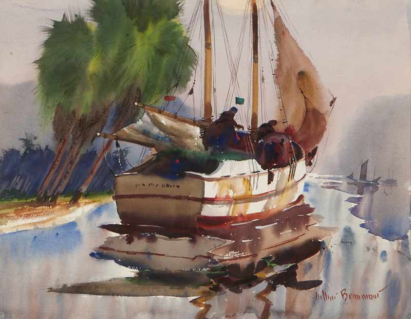 Appraisal: Fishing boat watercolor and gouache on board under glass board