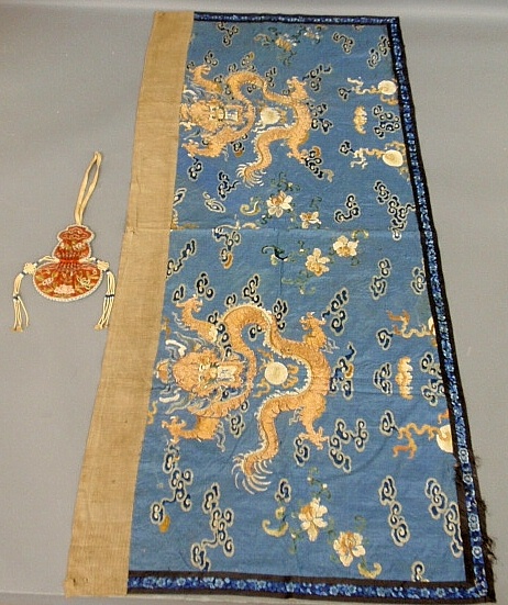 Appraisal: - Embroidered Chinese smoking pouch h c and a fragment