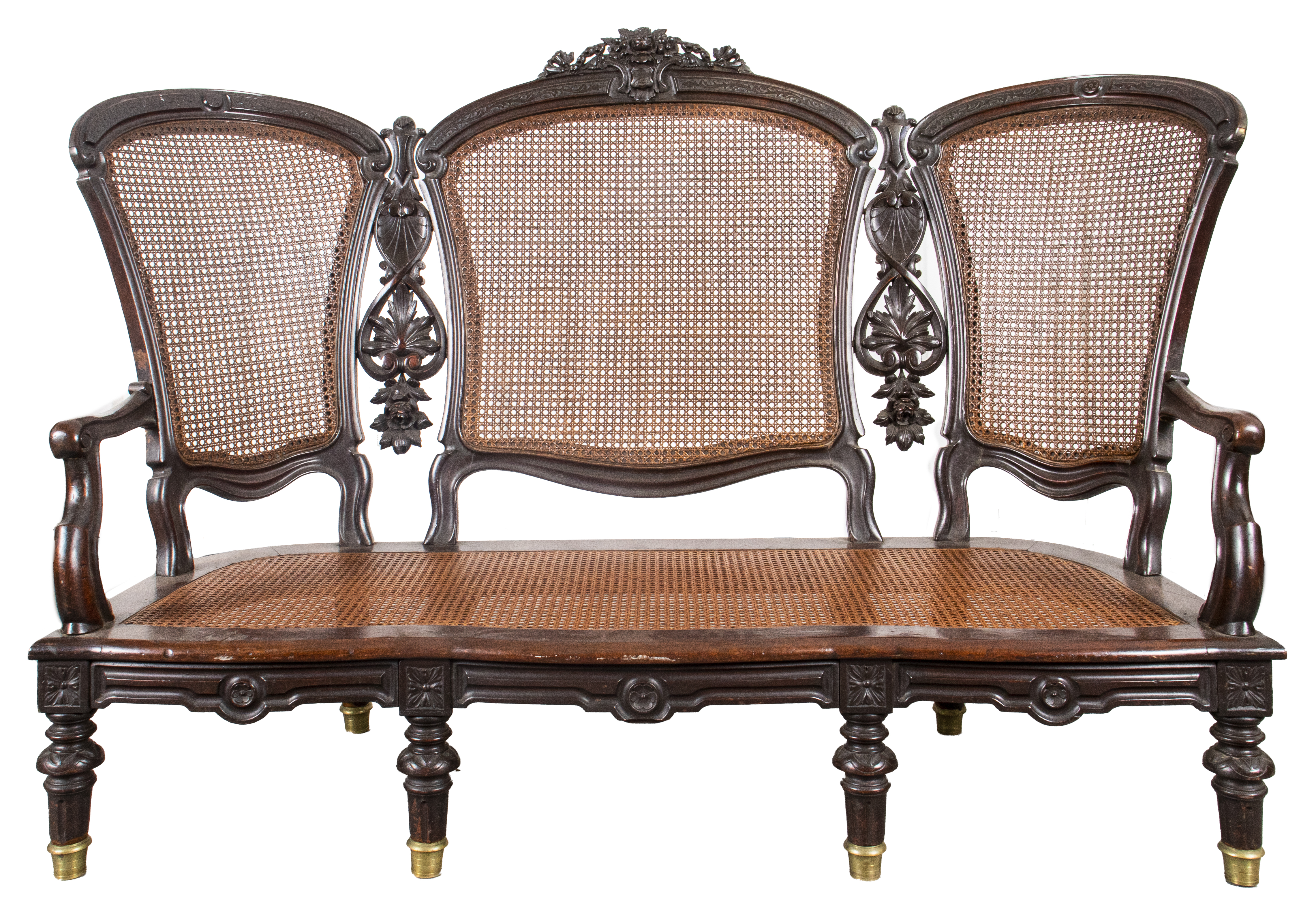 Appraisal: AMERICAN VICTORIAN CARVED WOOD CANED SETTEE American Victorian settee in